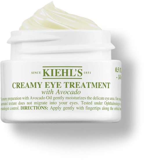Ein weißer Behälter mit Kiehls cremiger Augenbehandlung mit Avocado, mit Produktcreme oben, Etikett zeigt Marke und Details.