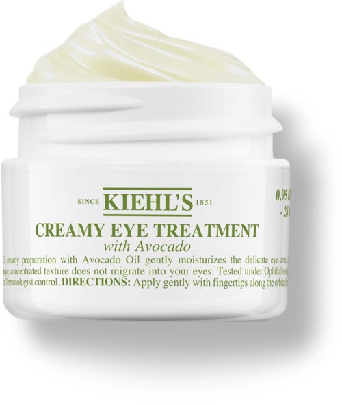 Ein weißer Behälter von Kiehl's mit cremiger Augenbehandlung mit Avocado, mit etwas Creme oben.