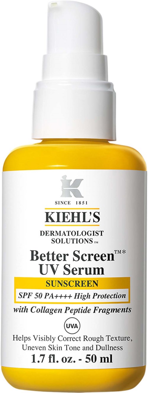 Yellow and white bottle of Kiehl's sunscreen with SPF 50 and collagen fragments for skin protection.