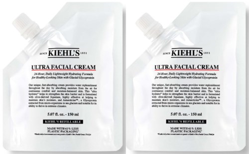 Zwei Nachfüllbeutel mit Kiehl's Ultra Facial Cream, jeweils 5,07 fl oz. Helle weiße Verpackung. Text auf Etiketten.