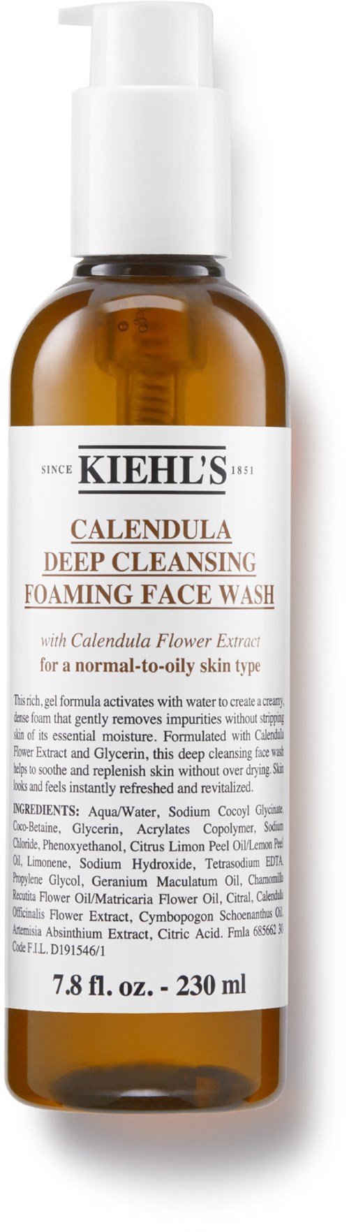 Kiehl's Calendula Deep Cleansing Foaming Face Wash-Flasche mit Pumpverschluss, Etikett zeigt Produktdetails und Größe, 7,8 fl oz.