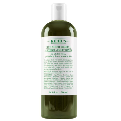 Kiehl's gurkörtextrakt alkoholfri toner i en grön flaska, passar alla hudtyper, särskilt torr och känslig hud.