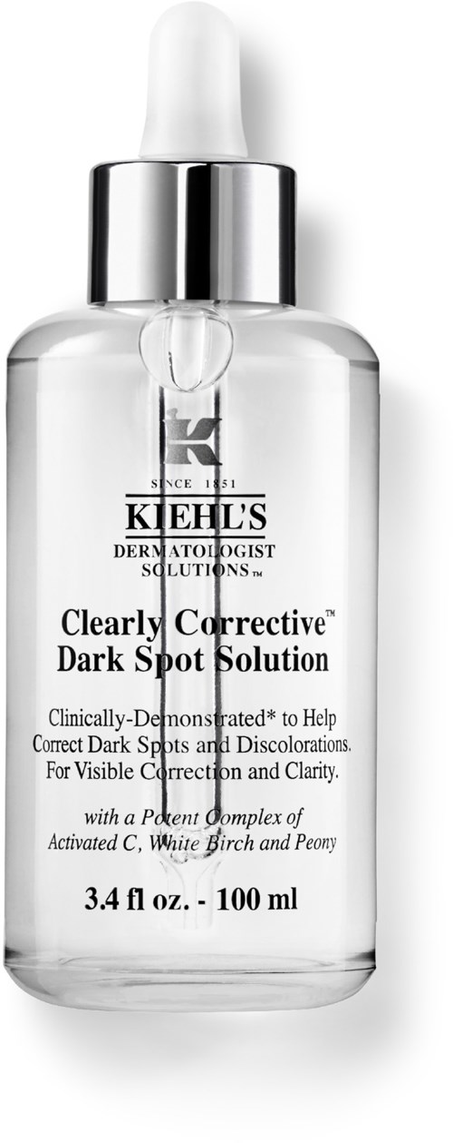 Eine klare Glasflasche mit einem weißen Tropfer enthält Kiehl's Dark Spot Solution für die Hautbehandlung.