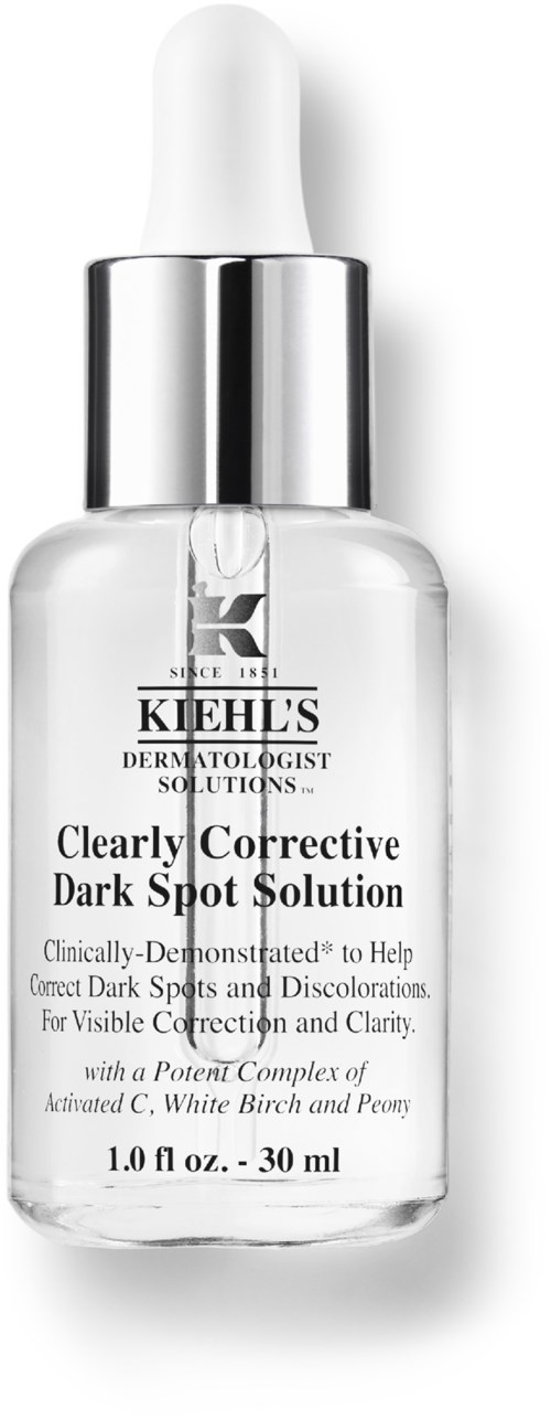 Eine klare Glasflasche mit weißem Tropfer, gekennzeichnet Kiehl's Hautfleckenlösung.