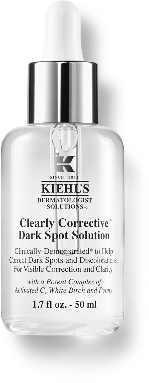 Eine klare Glasflasche mit weißer und silberner Kappe, enthält Kiehl's Dark Spot Solution für Hautbehandlung.