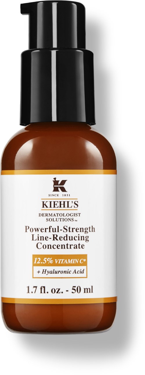 Braune Flasche mit schwarzem Pumpaufsatz, enthält Kiehl's Hautpflege mit Vitamin C und Hyaluronsäure, 50 ml.