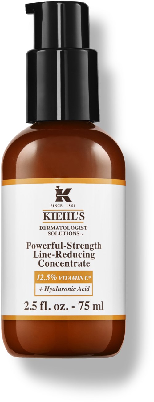 Eine braune Flasche mit schwarzem Pumpkopf enthält Kiehl's Hautpflegeprodukt mit Vitamin C und Hyaluronsäure.