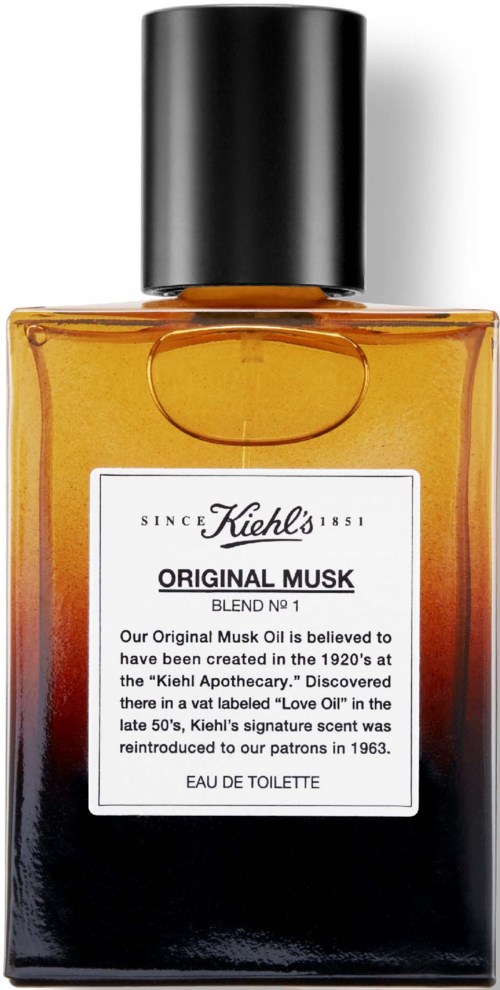 Eine Flasche Kiehl's Original Musk-Parfüm mit schwarzem Deckel und weißem Etikett, halb schwarz, halb transparent.