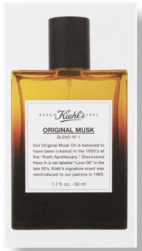 Eine Flasche Kiehl's Original Musk Parfüm mit schwarzem Deckel und weißem Etikett, auf weißem Hintergrund.