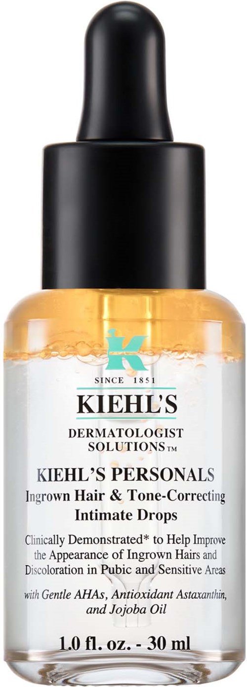 Kleine klare Tropfflasche mit schwarzem Deckel und orangefarbiger Flüssigkeit. Enthält Kiehl's Lösung für Haare und Haut.