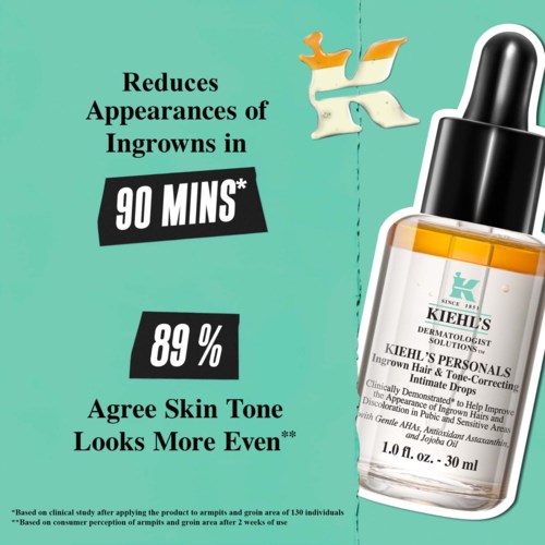 Kiehl's Produkt reduziert sichtbare Anzeichen von eingewachsenen Haaren in 90 Minuten, 89% stimmen zu, dass die Haut ebener aussieht, mit einer Serumflasche.