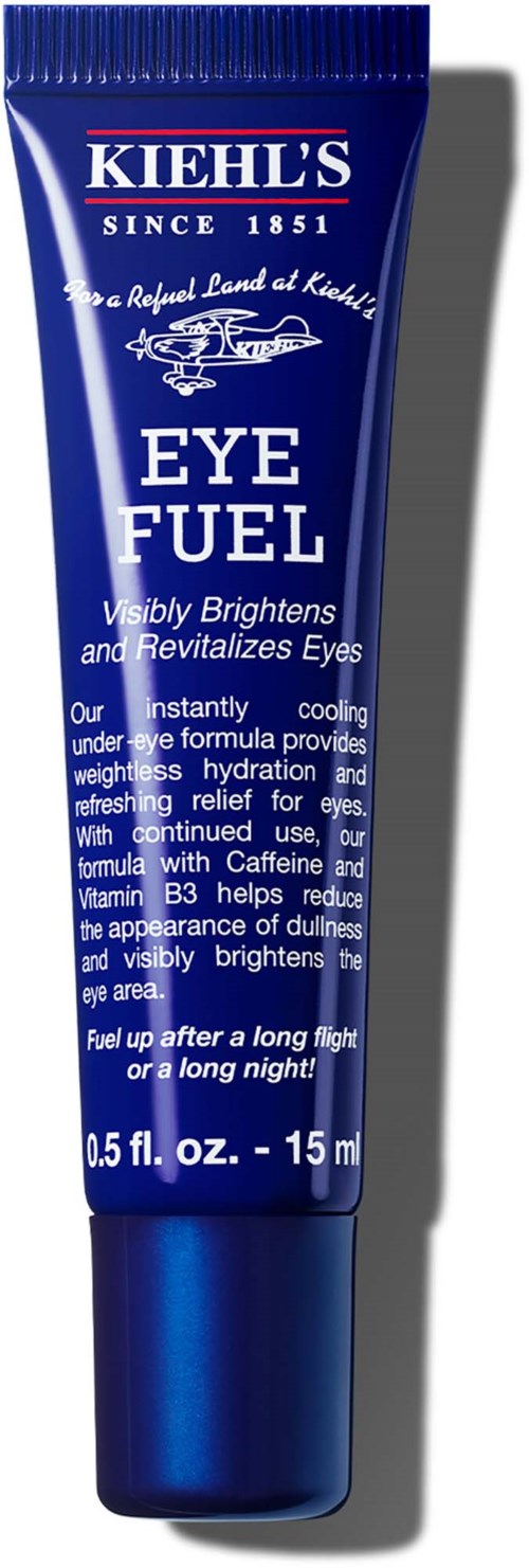 Kiehl's Eye Fuel Tube, blau mit weißen und roten Text. Erwähnt hellere und erfrischende Augen, enthält Koffein und Vitamin B3.