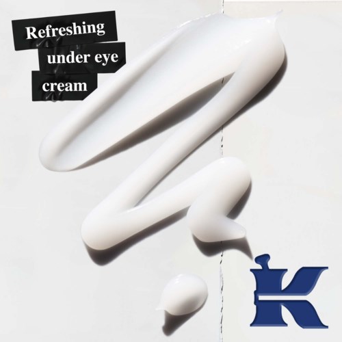 Weiße Creme in Tränenform mit schwarzem Text "Refreshing under eye cream" und blauem Logo.