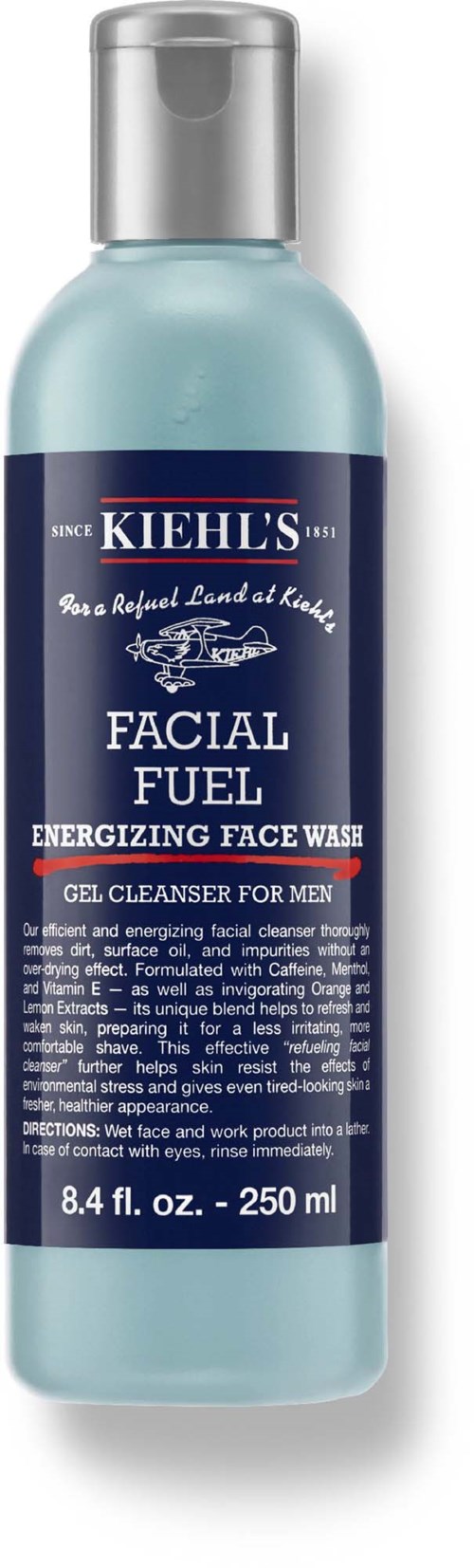 Eine hellblaue Flasche Kiehl's Facial Fuel erfrischende Waschgel für Männer mit silberner Kappe.