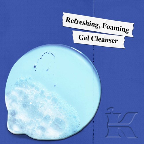 Blauer Gel-Reiniger mit schäumenden Blasen, auf blauem Hintergrund, als erfrischend und schäumend gekennzeichnet.