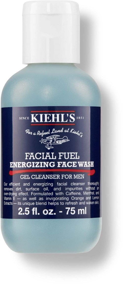 Eine hellblaue Flasche von Kiehl's mit weißem Deckel und dunkelblauer Etikette.