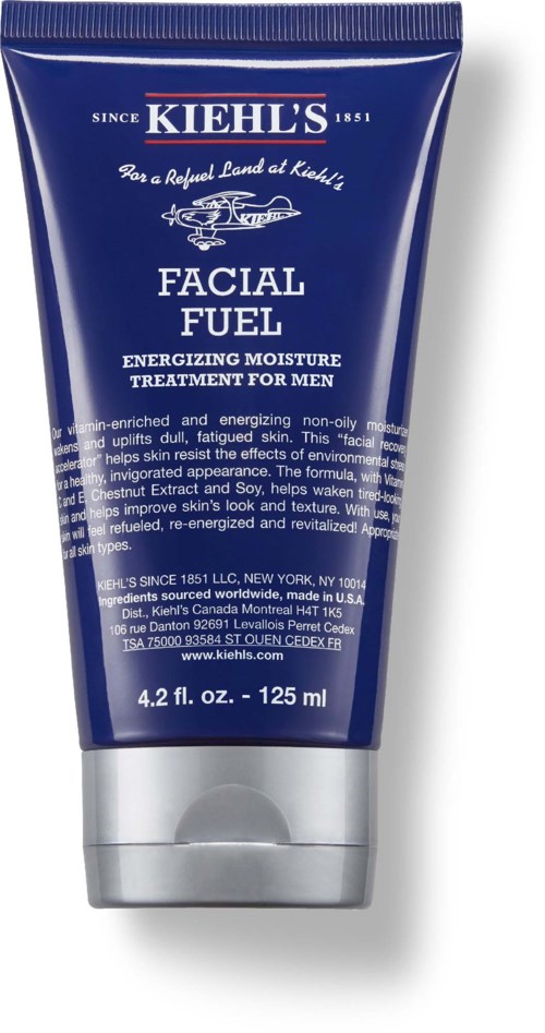 Blaue Tube von Kiehl's Facial Fuel Feuchtigkeitscreme für Männer, 125 ml. Text beschreibt Produktvorteile und Inhaltsstoffe.