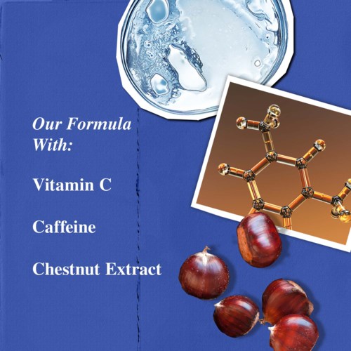 Text, der Zutaten auflistet: Vitamin C, Koffein, Kastanienextrakt, mit einem Glas Wasser und Kastanjen in der Nähe.