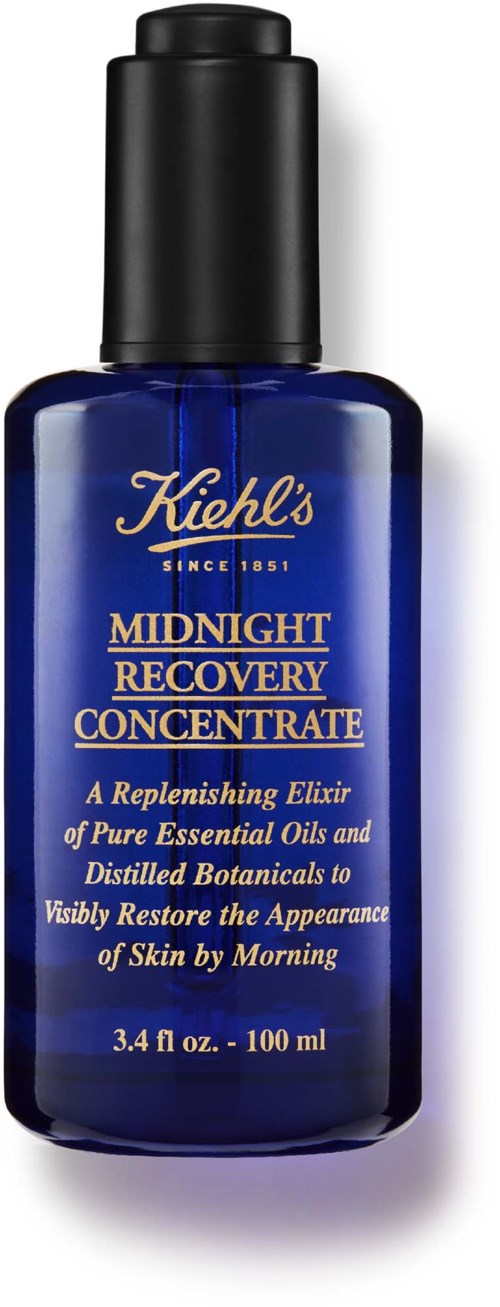 Dunkelblaue Flasche mit goldener und weißer Schrift, beschriftet Kiehl's Midnight Recovery Concentrate für Hautheilung.