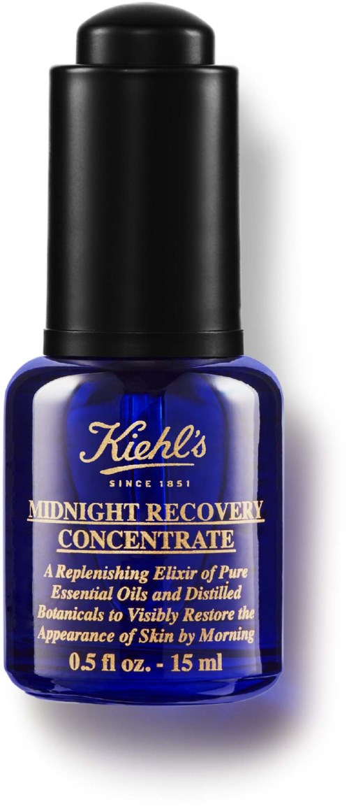 Kleine blaue Flasche mit goldener und weißer Beschriftung für Kiehl's Midnight Recovery Concentrate Hautpflegeprodukt.