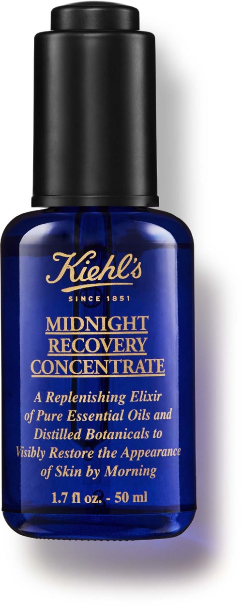 Blue bottle of Kiehl's Midnight Recovery Concentrate with a black cap, containing a skin care product.