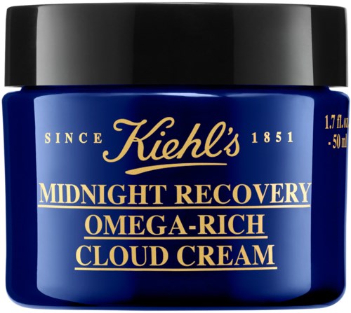 Blauwe pot van Kiehl's Midnight Recovery Omega-Rich Cloud Cream met zwart deksel.