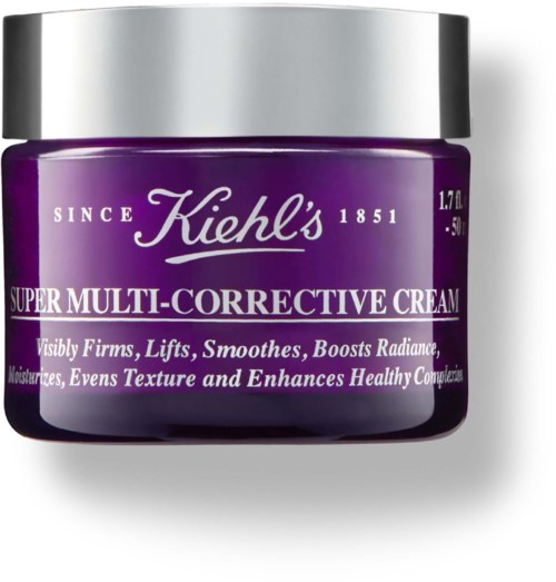 Ein lila Behälter mit Kiehl's Super Multi-Corrective Cream und silbernem Deckel, Produktdetails auf dem Etikett.