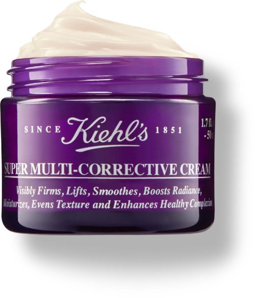 Lila Dose Kiehl's Super Multi-Corrective Cream mit weißer Creme oben, beschreibt hautvorteile.
