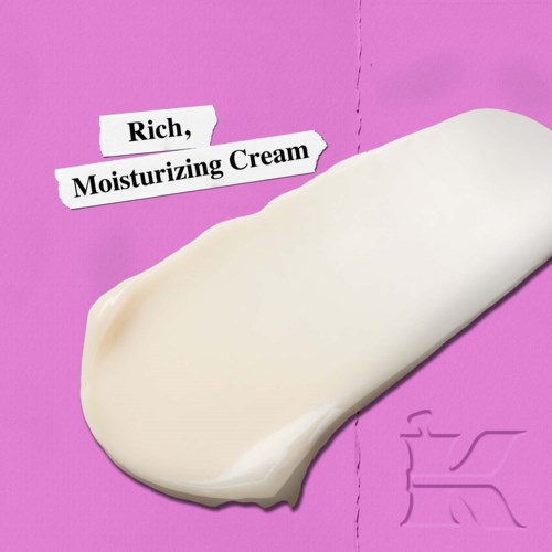 Ein weißer Klecks Feuchtigkeitscreme auf rosa Hintergrund mit Text "Rich, Moisturizing Cream."
