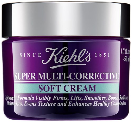 Violetti purkki Kiehl's Super Multi-Corrective Soft Cream -tuotetta, josta näkyy teksti ja jossa on hopeinen kansi.