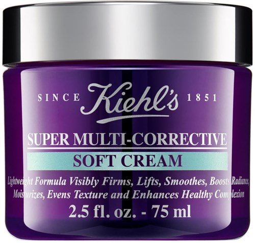 A purple jar of Kiehl's Super Multi-Corrective Soft Cream with silver lid, claiming to firm, lift, and moisturize skin.