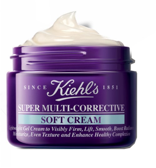 A purple jar of Kiehl's Super Multi-Corrective Soft Cream with a spoonful of cream on top.