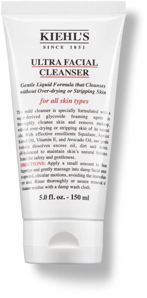 Ein weißer Kiehl's Gesichtsreiniger-Tube mit schwarzem und rotem Text, beschreibt sanfte Reinigung für alle Hauttypen.