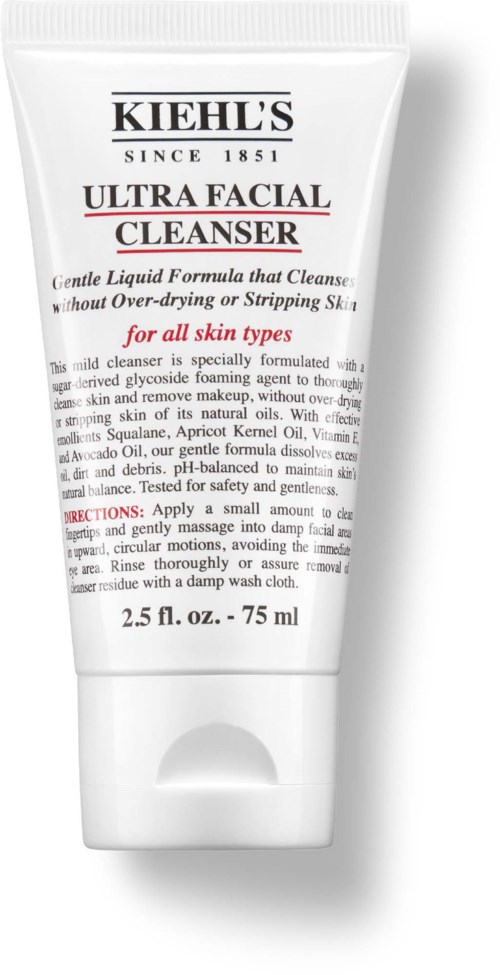 White tube with black and red text, labeled Kiehl's Ultra Facial Cleanser, 75ml.