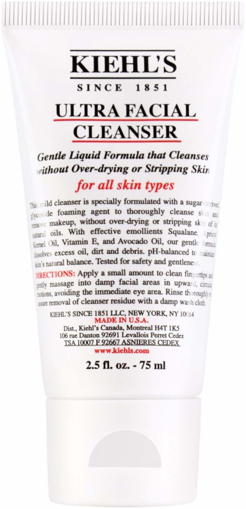 Kiehl's Ultra Facial Cleanser i en vit tub med svart och röd text, innehåller 75 ml produkt för alla hudtyper.