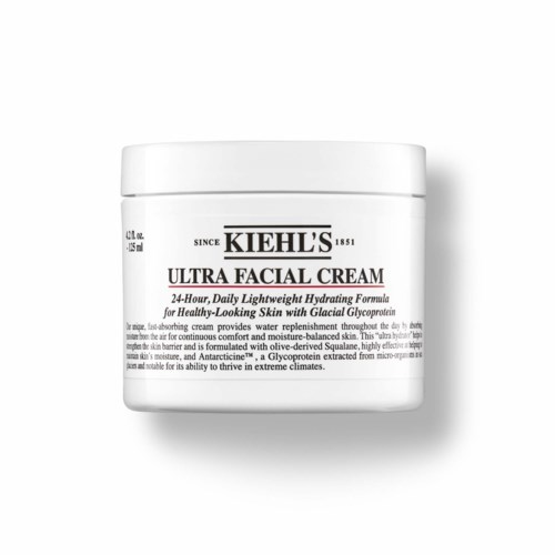 Eine weiße Dose mit Kiehl's Ultra Facial Cream, für tägliche Hautbefeuchtung und Gletscher-Glukoprotein.