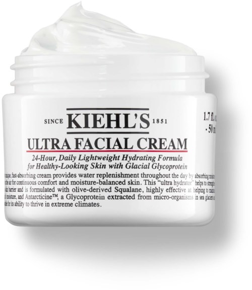 A jar of Kiehl's Ultra Facial Cream with white lid, white container, and black and red text on the label.