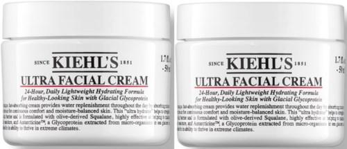 Zwei Gläser mit Kiehl's Ultra Facial Cream nebeneinander mit weißen Etiketten und schwarzem, rot und grauem Text.