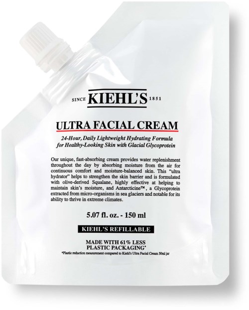 Kiehls wiederbefüllbare Gesichtscreme-Tasche, enthält 150 ml, verspricht Feuchtigkeit und Hautverbesserung mit natürlichen Inhaltsstoffen.