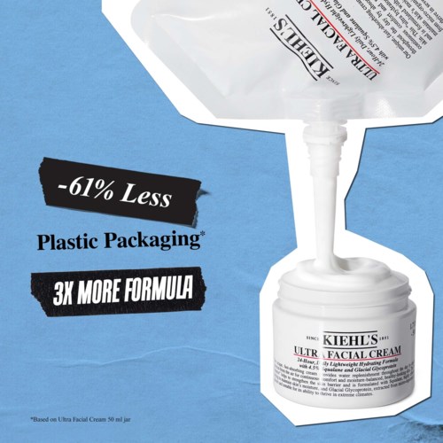 Gesichtcreme-Behälter mit Werbung, die weniger Plastikmüll und mehr Formel hervorhebt.