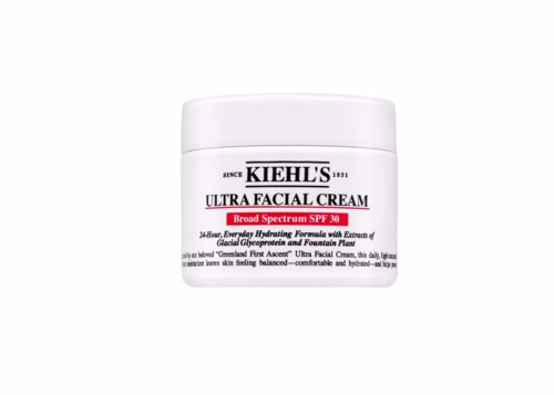 Ein weißer Topf mit Kiehls Ultra Facial Cream mit roten und schwarzen Text, gekennzeichnet mit Breitbandschutz SPF 30.