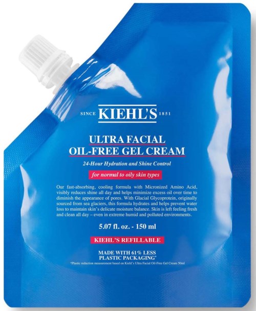 Eine blaue Kiehl's-Verpackung für ölfreie Gelcreme mit weißen und roten Text, die Feuchtigkeitsversorgung und Glanzkontrolle zeigen.