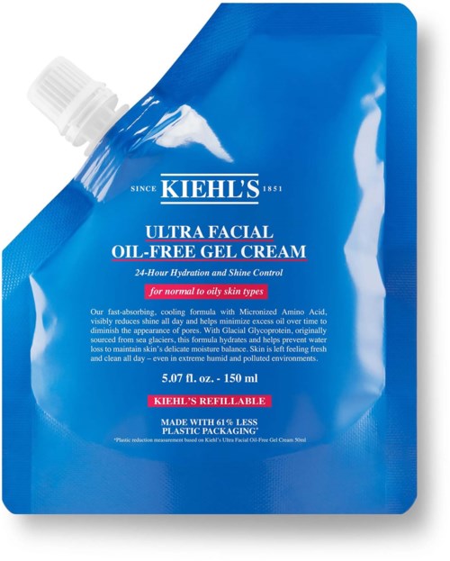 Blue refill pouch of Kiehl's Ultra Facial Oil-Free Gel Cream with white and red text.