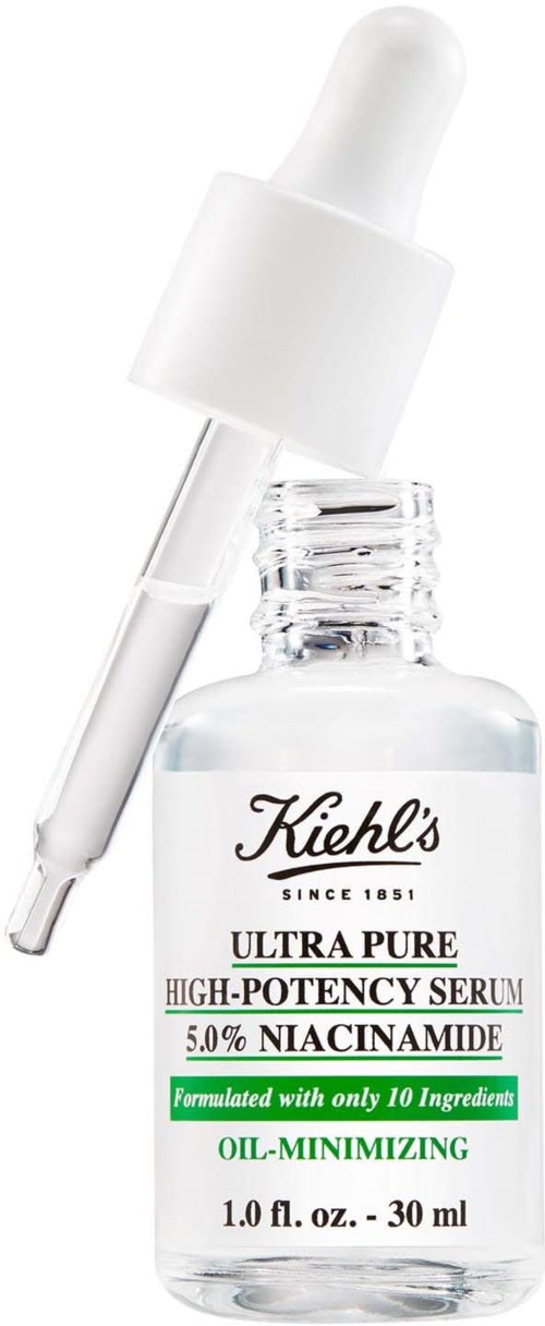 A small clear bottle with a dropper, labeled Kiehl's serum, with words about high potency and niacinamide.
