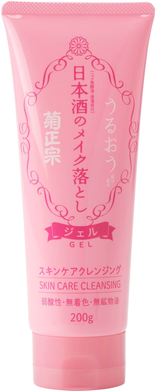Hellrosa Tube mit japanischem Hautpflege-Gel für Reinigung, mit dekorativem Schriftzug und Blumenmuster.
