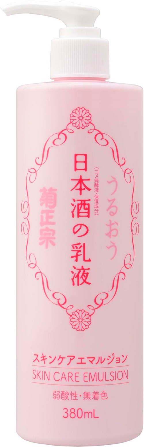 Hellrosa Flasche mit japanischem Text und Blumengestaltung, gekennzeichnet als Hautpflegeemulsion, 380 ml.