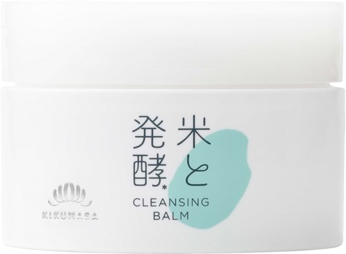 White box with Japanese characters and blue-green abstract shape, labeled Cleansing Balm and containing skincare product.