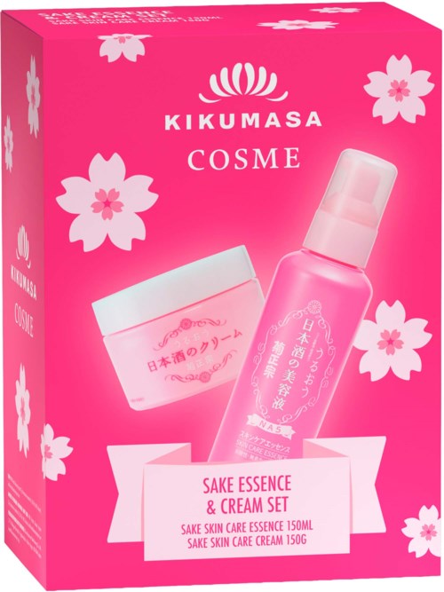 Pink packaging with cherry blossom illustrations, featuring a skincare cream jar and a pink spray bottle from Kikumasas Sake collection.