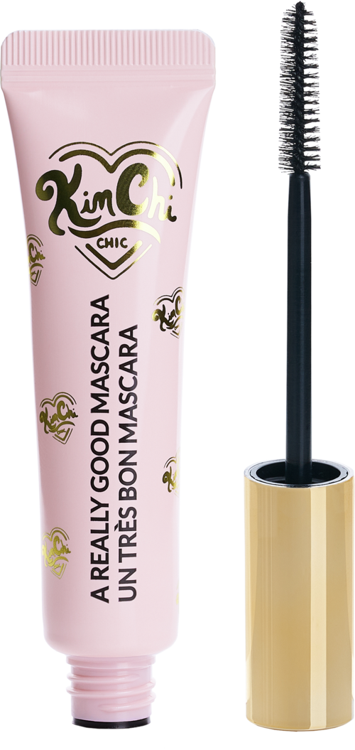 En rosa mascara-primär med guld- och svart design, öppen med borsten utanför.