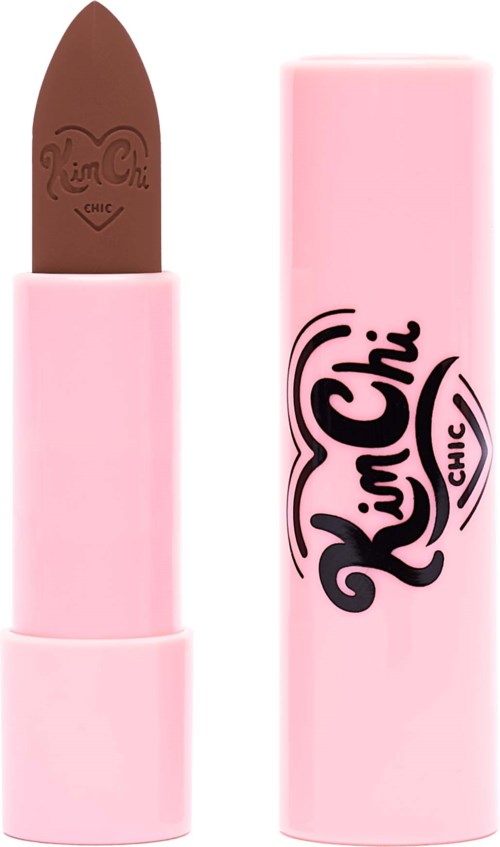 A pink lipstick tube with the lipstick extended shows a brown lipstick inside.